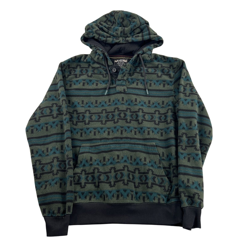 MBX Aztec Fleece Hoodie Medium Green Black Men Southwestern Pullover Sweater